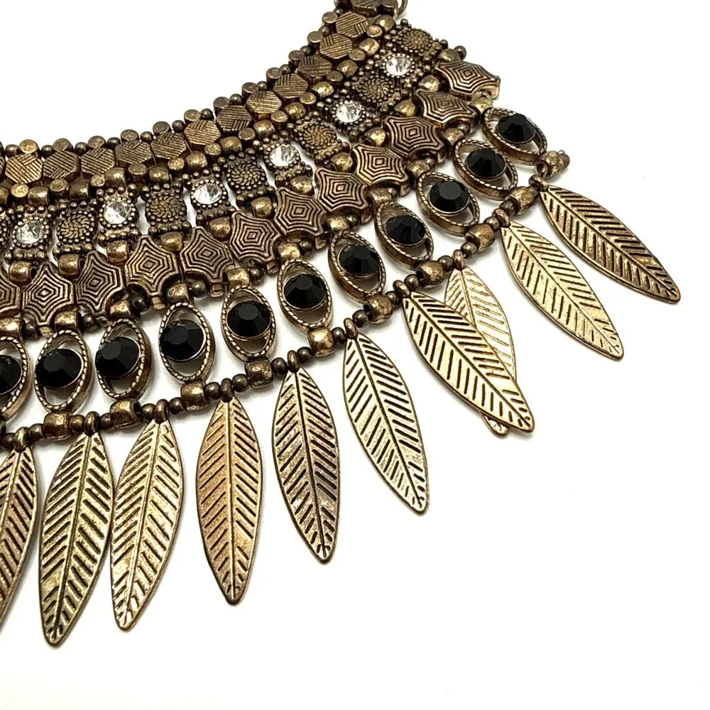 ALDO Boho Statement Bib Necklace Leaf Fringe Distressed Gold Tone Tribal Collar